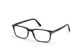 Tom Ford FT5735-B style-color 001 Shiny Black, Shiny Rose Gold t Logo / Blue Block Lenses